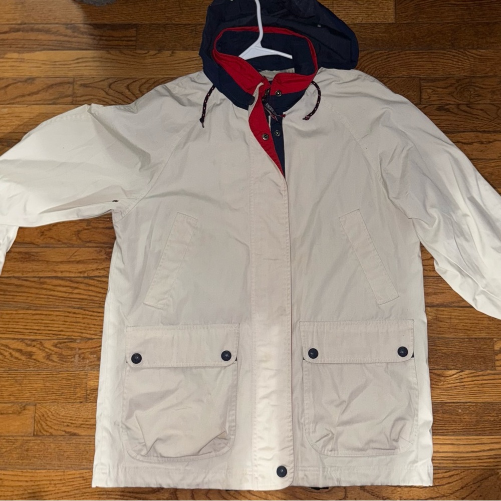 Beige Hooded Jacket with Red and Black Accents